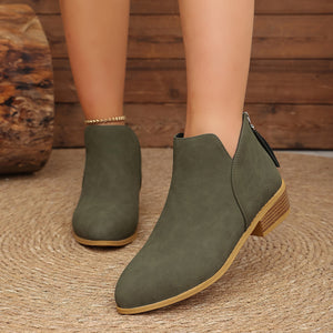 Classic Faux Leather V-Cut Ankle Boots in Green with V-cut