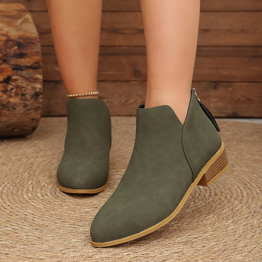 Classic Faux Leather V-Cut Ankle Boots in Green with V-cut