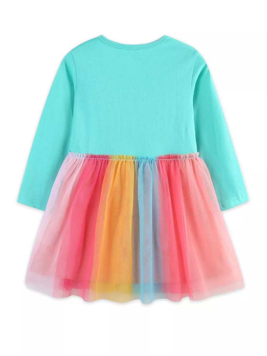 Girls' long sleeve turquoise dress with rainbow tulle skirt
