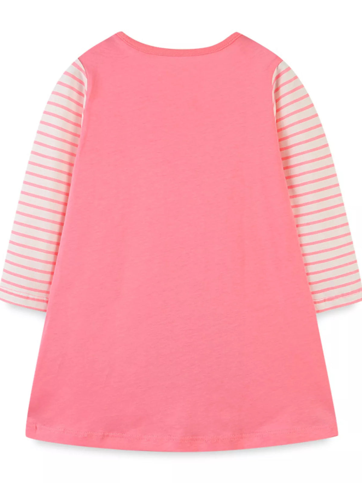 Children's pink cotton dress with striped sleeves.