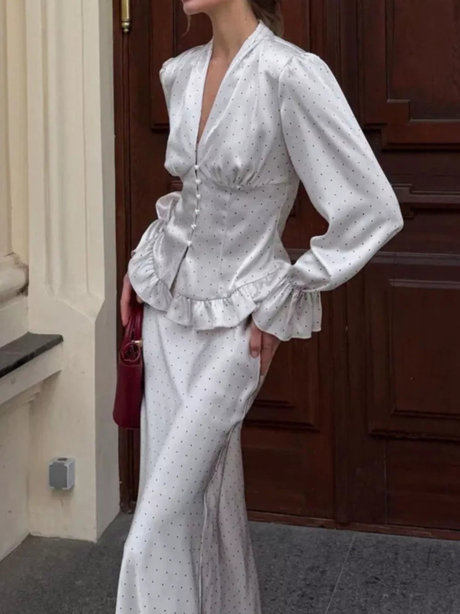 ivory matching set with decorative button and long sleeve