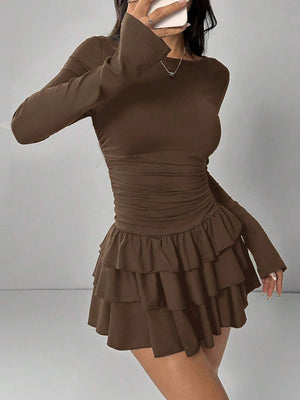 Brown tiered ruffle hem mini dress with long sleeves and ruched waist