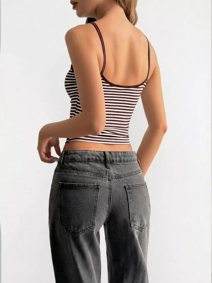Brown and white striped fitted cami top with thin straps and a cropped length.