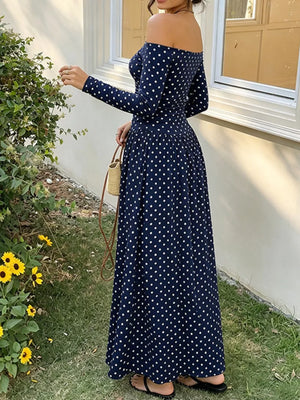 White Polka Dots Off-the-shoulder Maxi Dress