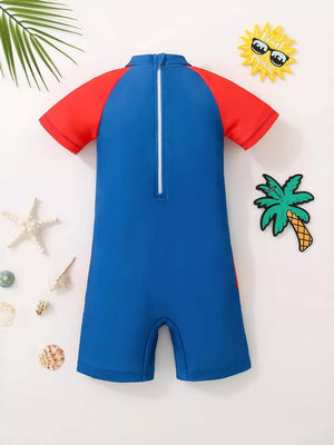 Toddler blue and red short sleeve one-piece swimsuit with zipper back