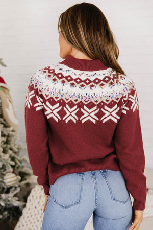pullover sweater in Burgundy with geometric and stretch