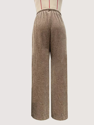 Khaki ribbed wide-leg drawstring pants with elastic waistband.