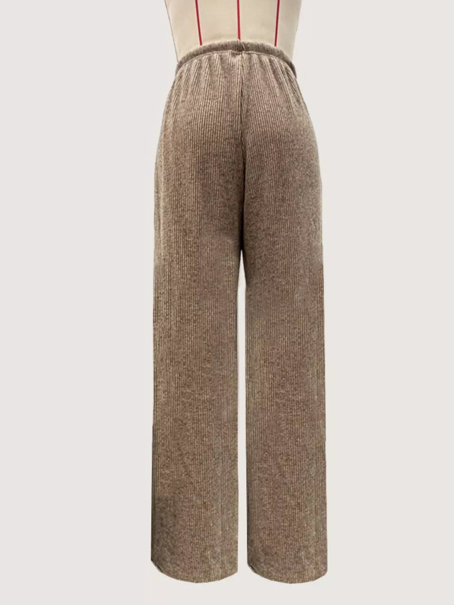 Khaki ribbed wide-leg drawstring pants with elastic waistband.