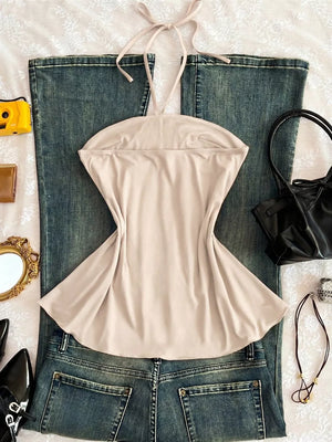 Embellished Front Halter Neck Cami in Rose Red