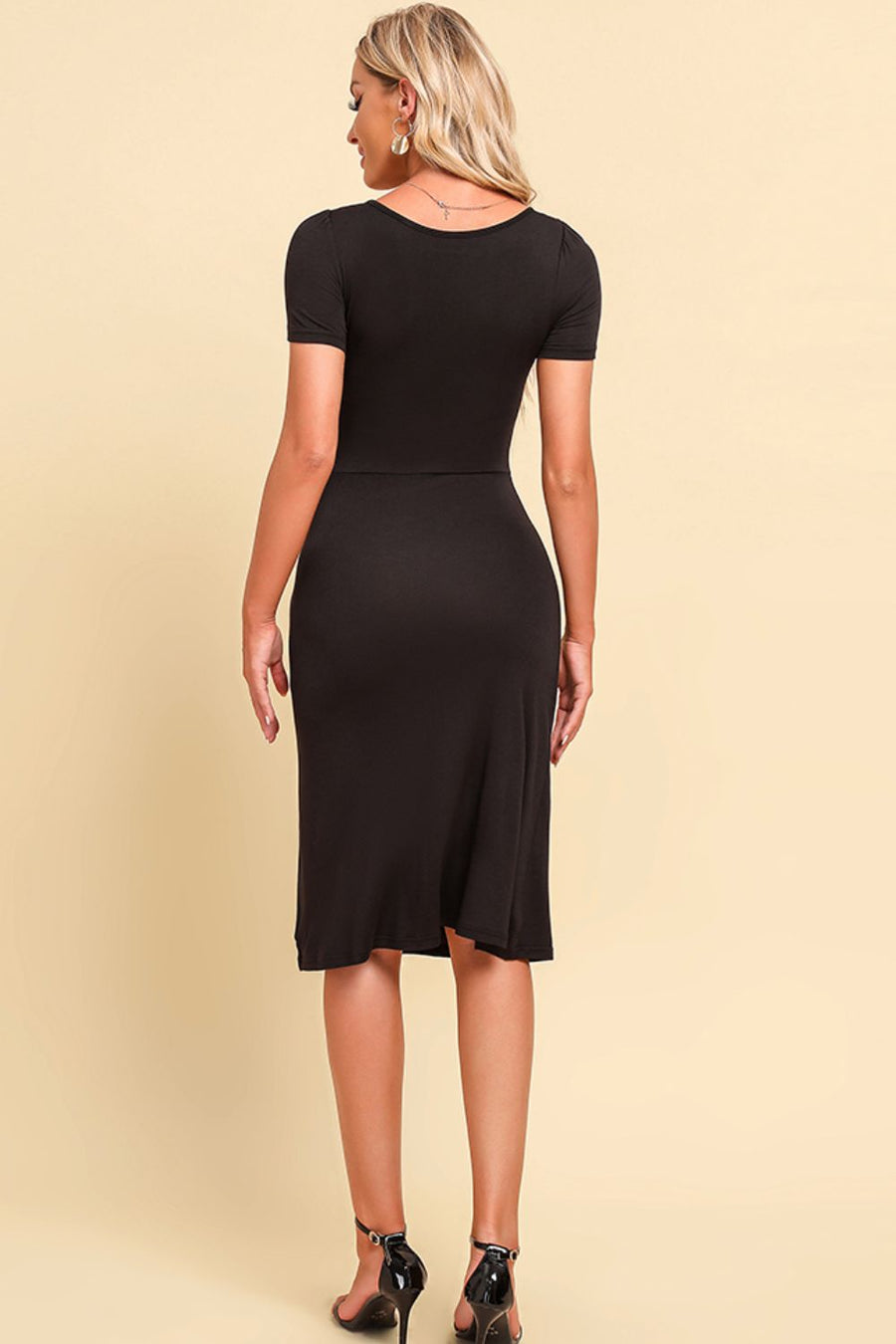 Black ruched bust midi dress with short sleeves and thigh slit