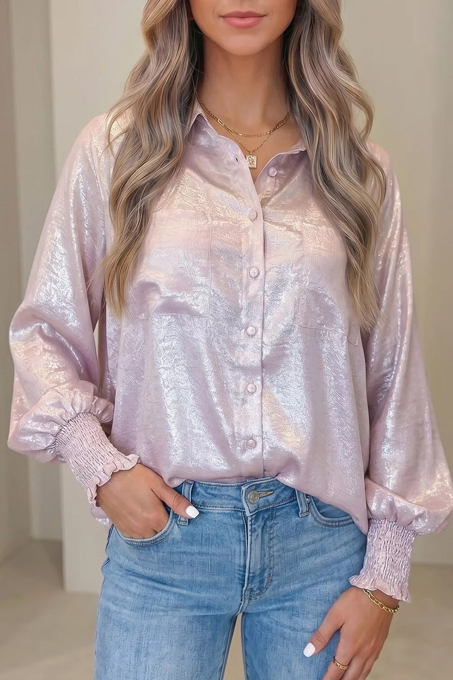 Long Sleeve Button Front Ruffle Cuffs Shirt