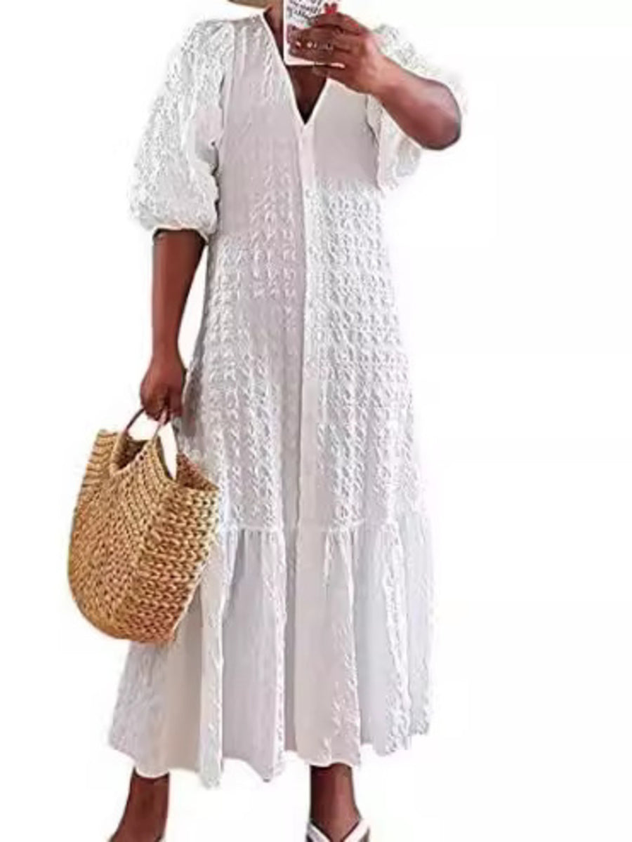 Yellow Elegant Puff Sleeve Textured Maxi Dress Plus Size