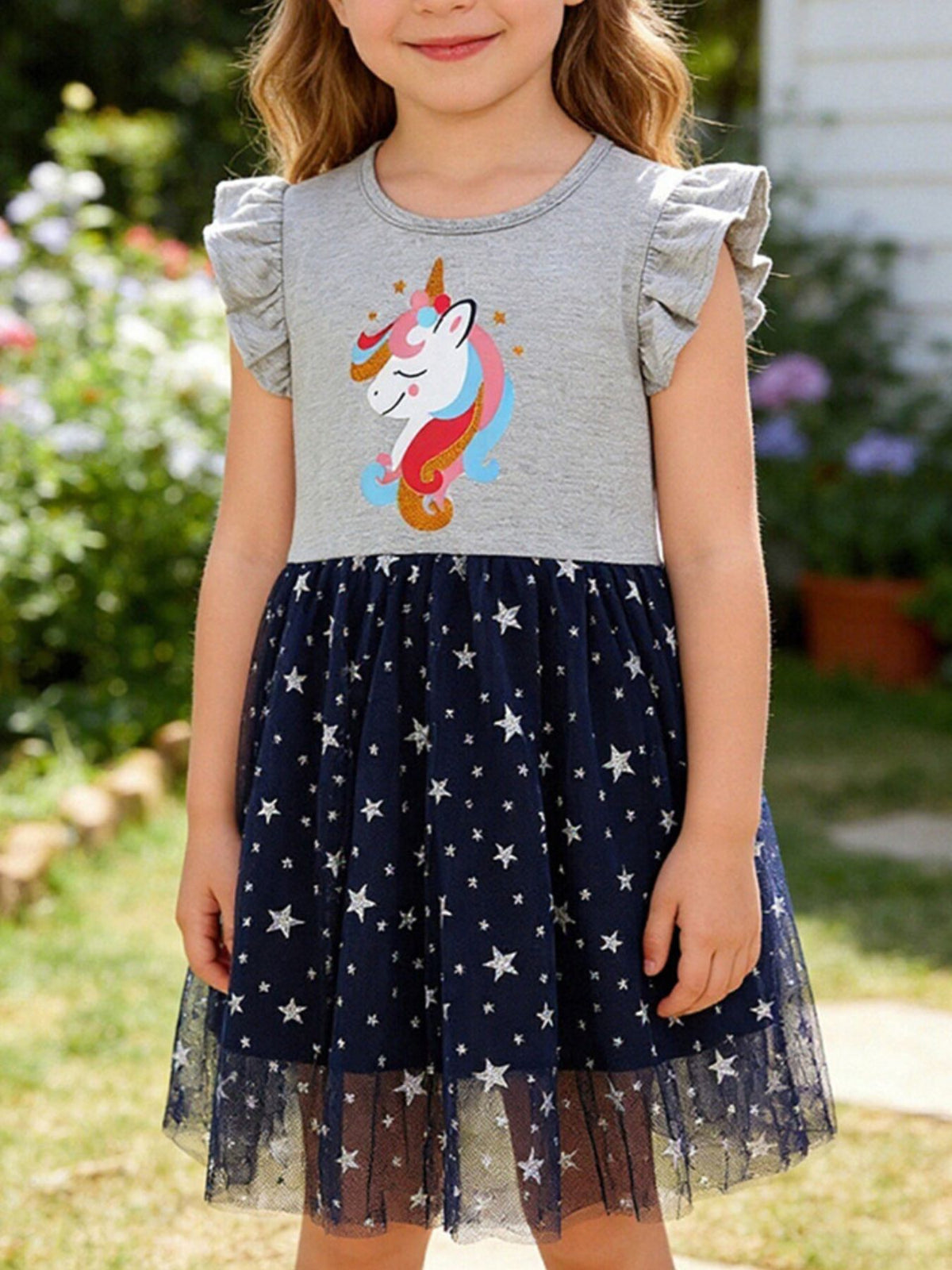 Baby girls grey cotton dress with unicorn graphic and navy star tulle skirt