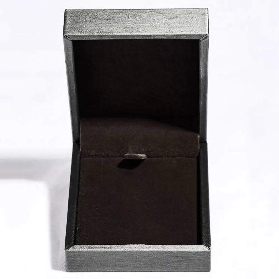 Silver jewelry box with dark brown velvet lining and clasp.