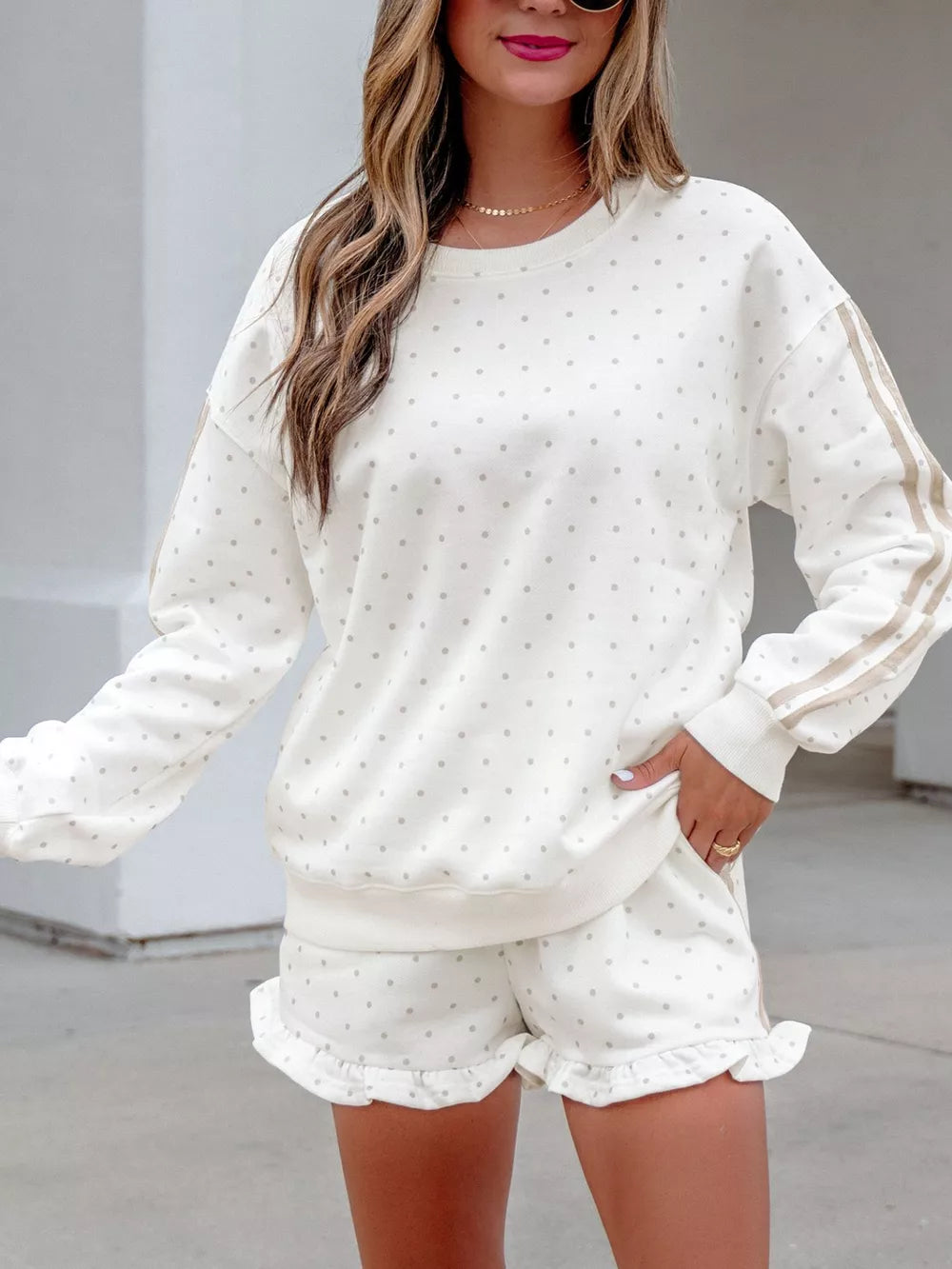 cream lounge set with polka dot and crew neck