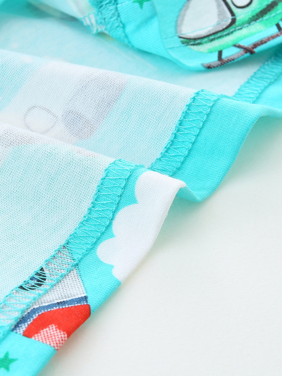 Blue cotton t-shirt with playful aviation print and cloud details.