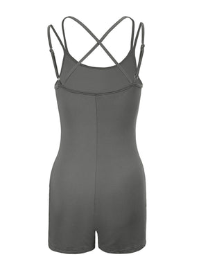 Grey cotton blend active romper with criss-cross spaghetti straps and a bodycon fit.