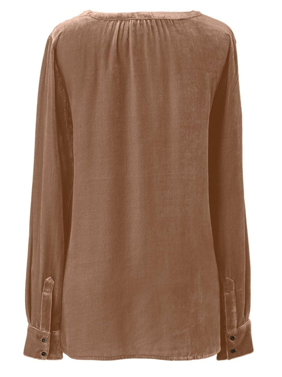 Camel velvet gathered yoke blouse with buttoned cuffs and a relaxed fit.