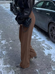 Brown wide-leg pants with full-length and drawstring