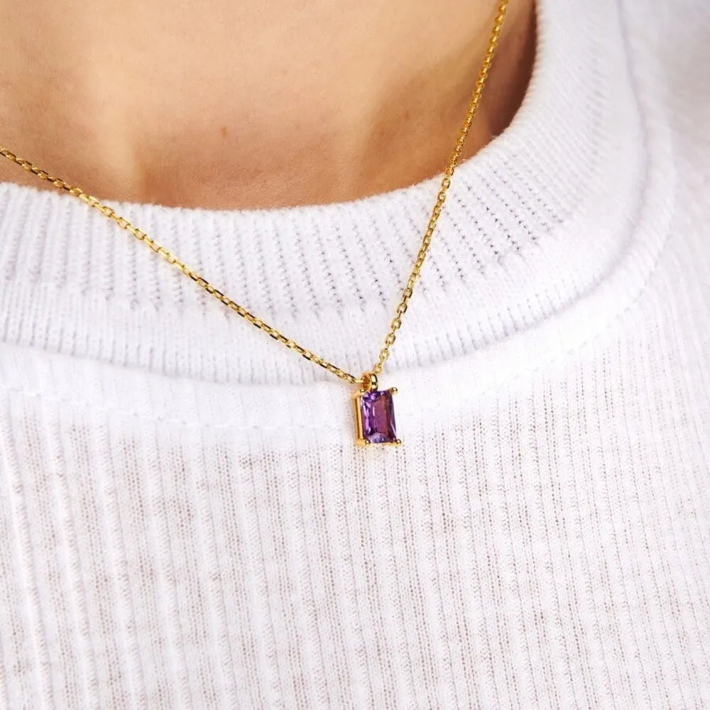 Prism cut amethyst gemstone necklace on 18K gold chain