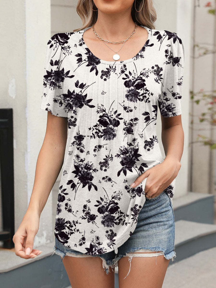 Women's white floral print short sleeve blouse with crew neck