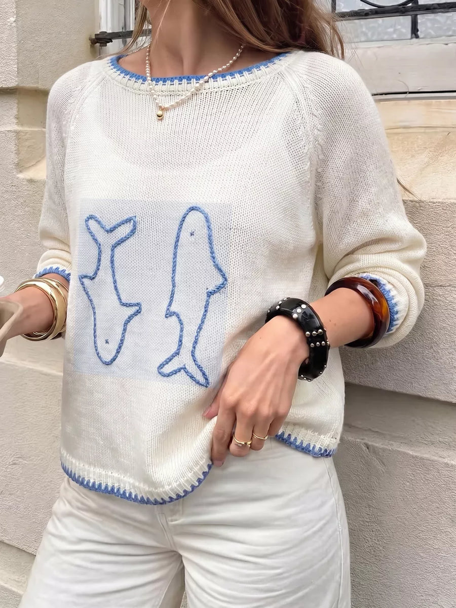 pullover sweater in White with graphic and contrast trim