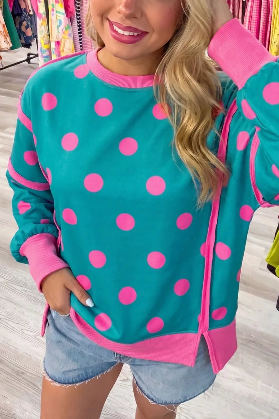 sweatshirt in Sky Blue with polka-dot and exposed seam