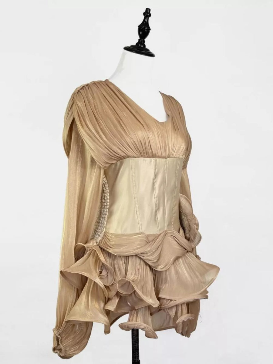 Gold ruffled mini dress with corset waist and long sleeves