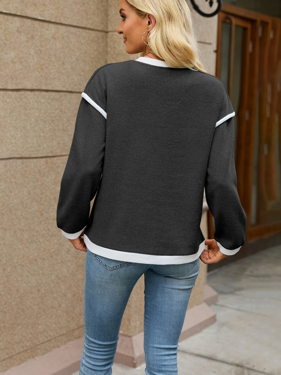 Casual V-Neck Dropped Shoulder Sweater in Green with contrast stitching
