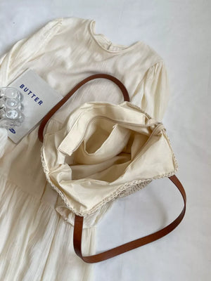cream handbag with open-front and crochet