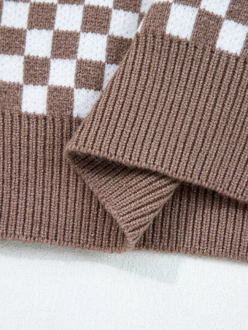 Half Button Ribbed Trim Checkerboard Sweater in Mocha with buttoned