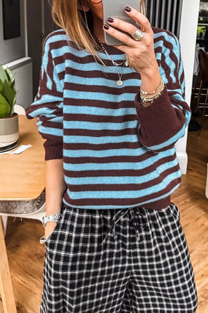 light blue pullover sweater with striped and crew neck