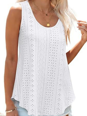 White eyelet scoop neck tank top with intricate patterned details.