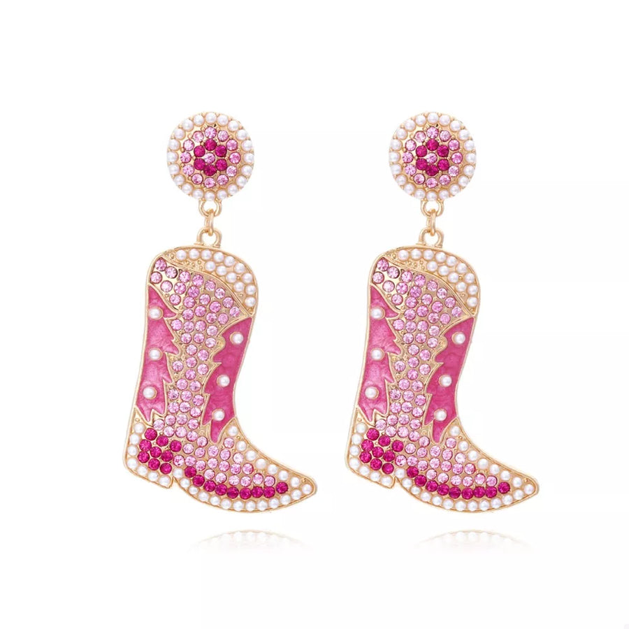 Dazzling rose red cowboy boot dangle earrings with pearls and rhinestones.