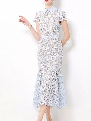 Light blue floral lace midi dress with cap sleeves, collar, and studded belt.