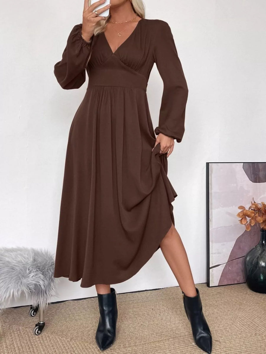 Brown V-neck midi dress with puff sleeves and A-line skirt