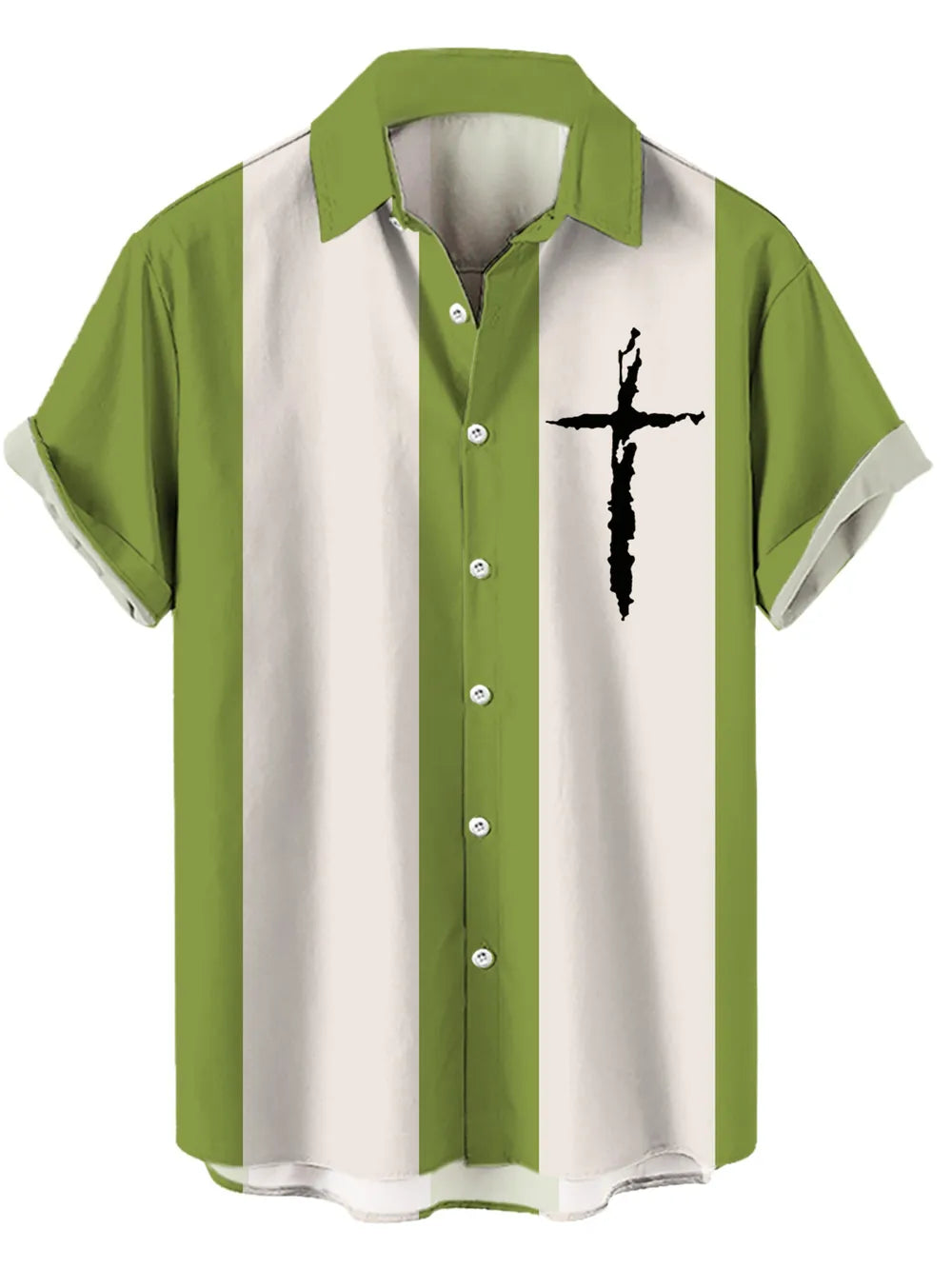 Button-up shirt in Yellow-Green with vertical stripes and a black cross graphic.