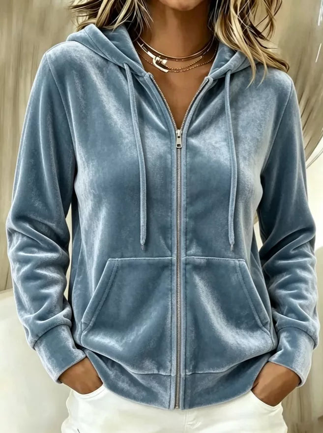 light beige zip hoodie with hip-length and zip-front