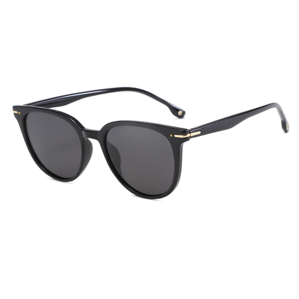 Black cat-eye sunglasses with polycarbonate frame and gold accents