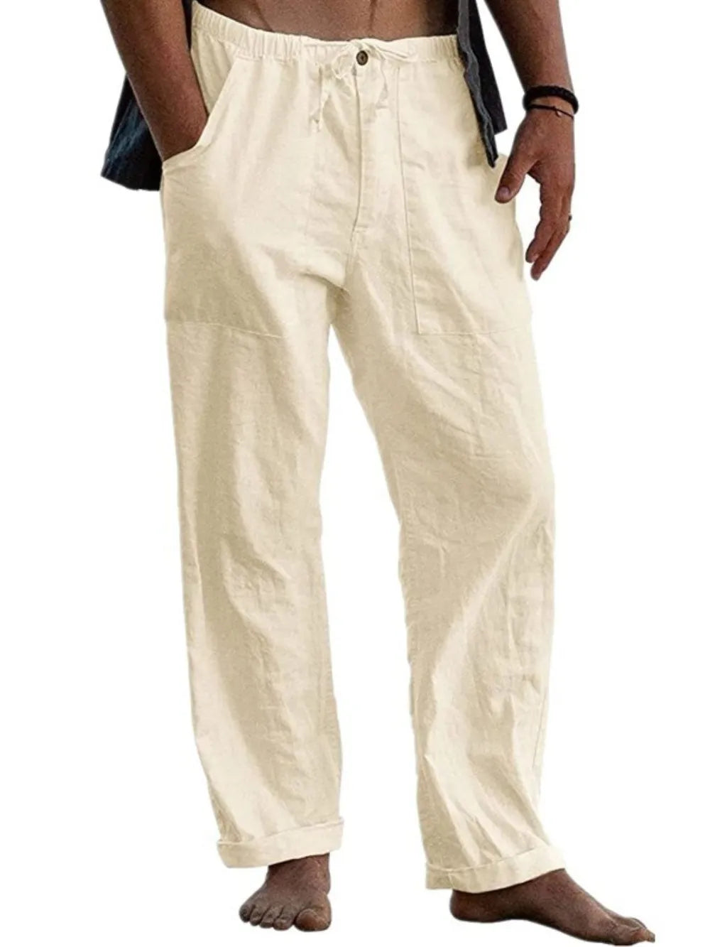 Full-size relaxed linen drawstring trousers in Tan with a relaxed fit and cuffed hems.
