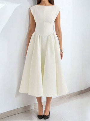 Full size beige a-line midi dress with cap sleeves and boat neck.