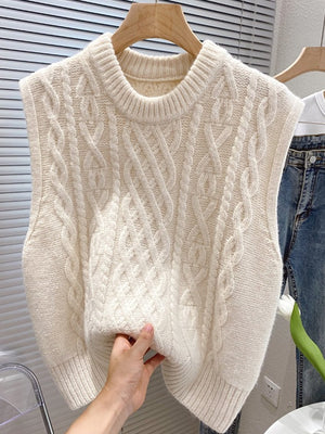 ivory sweater vest with cable knit and crew neck