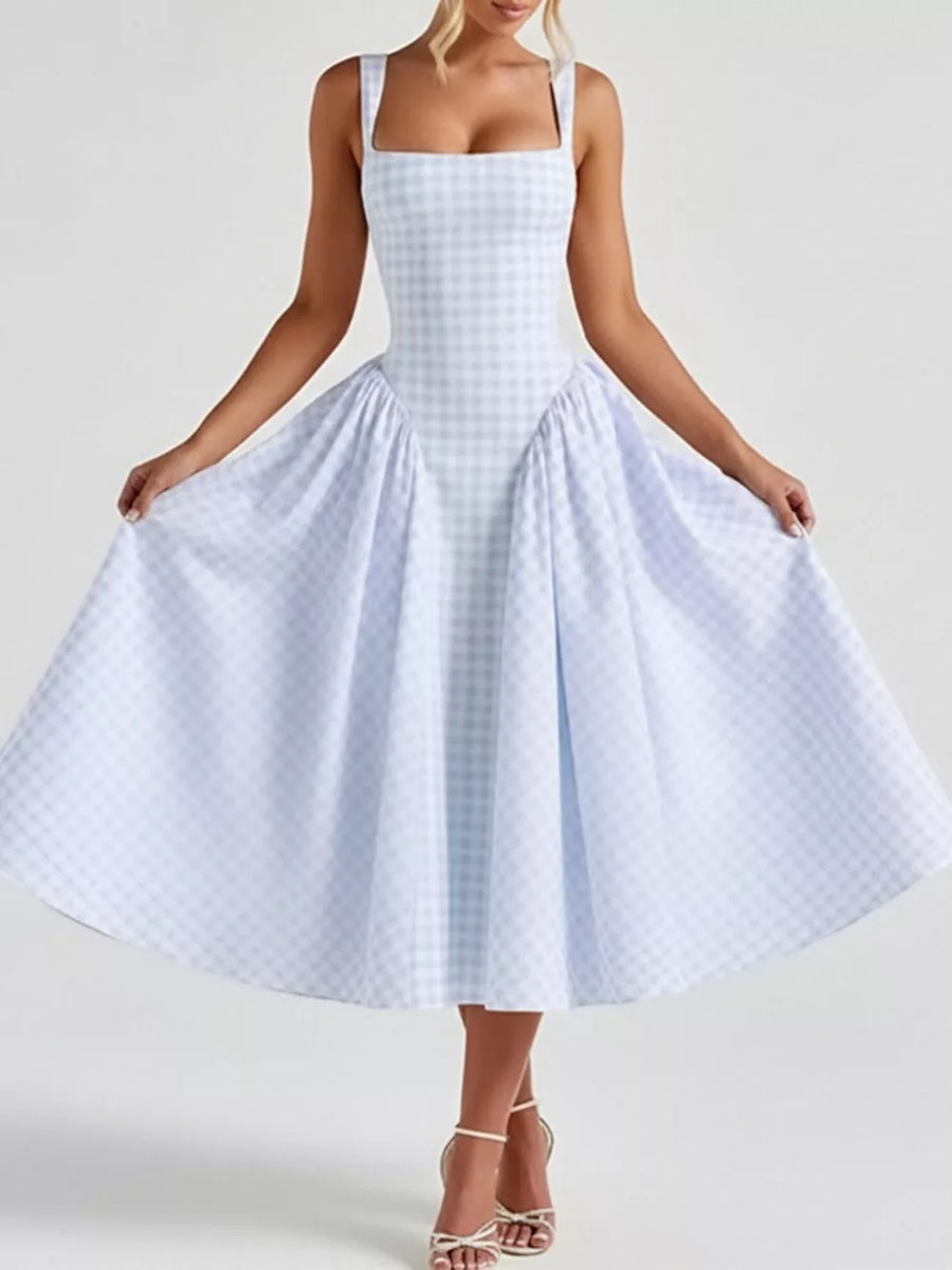 Plaid square neck midi dress in light blue with a full a-line skirt.