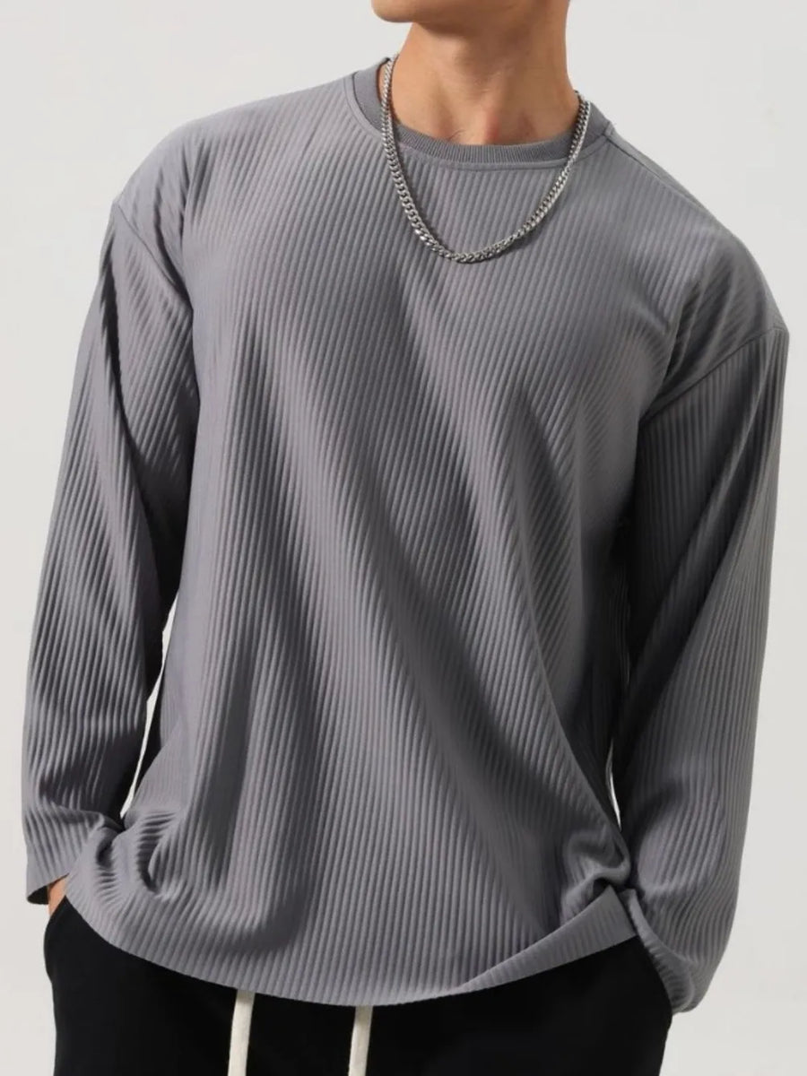 Textured ribbed long sleeve oversized tee in dark gray with crew neck.