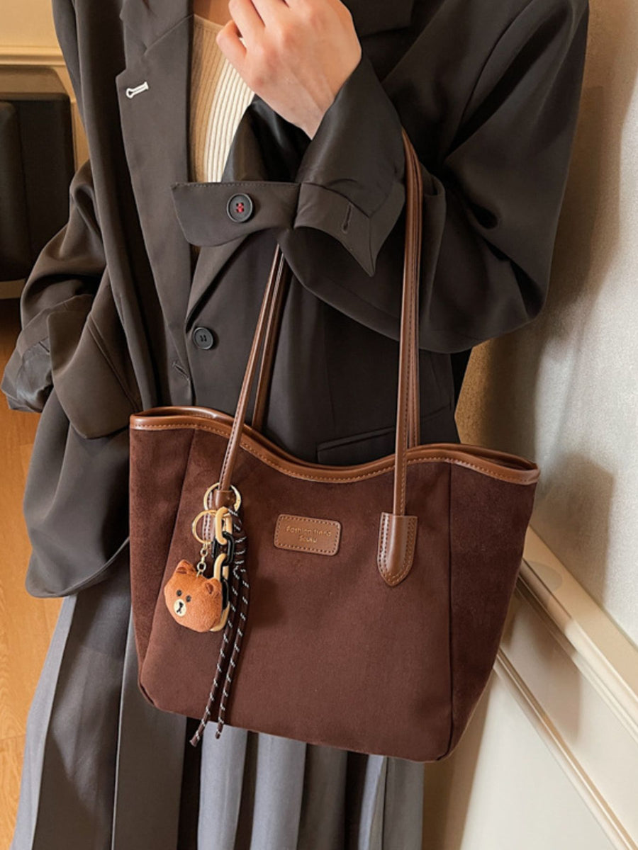Suede Casual Tote Bag in Coffee Brown with top handles