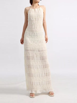 Maxi dress, cream, ruched fabric, halter neck, sleeveless, floor length, ruffled hem