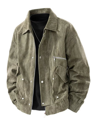 Army green corduroy trucker jacket with zip and button details