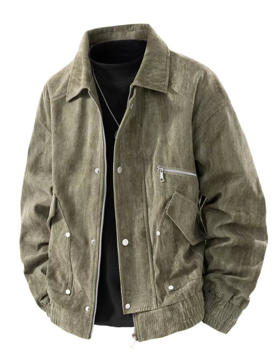 Army green corduroy trucker jacket with zip and button details