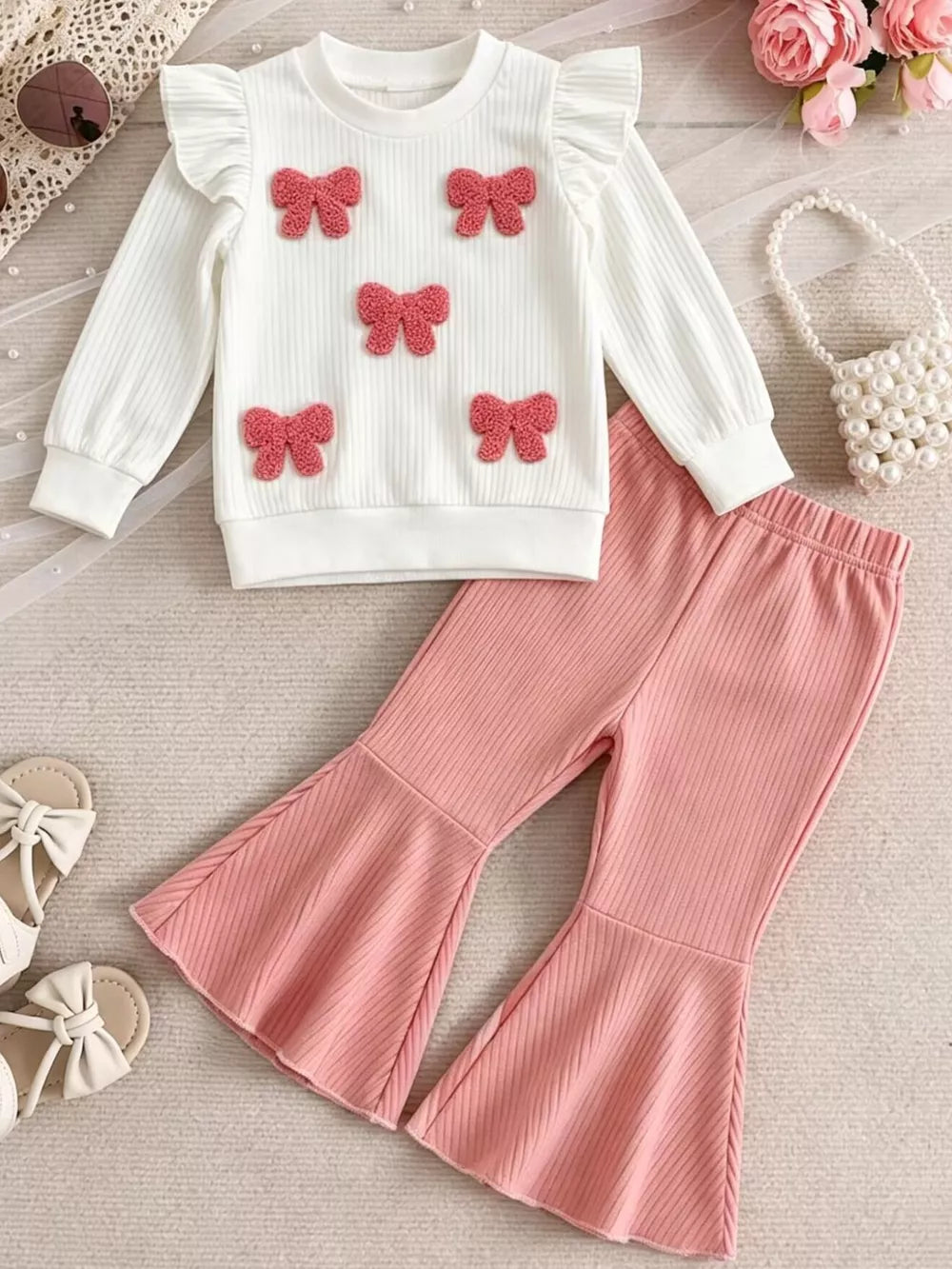 White Children's Ruffled Long Sleeve Top And Flare Pants Set