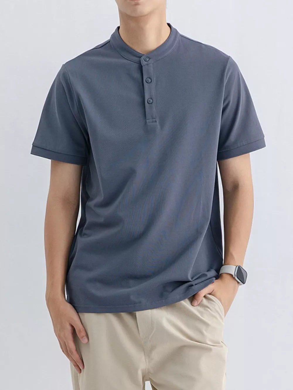 Men's blue gray cotton t-shirt with mandarin collar and button placket
